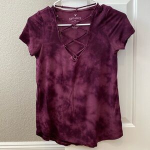 American Eagle XS Criss Cross Lace Up Corset Front Size Tie Dye Burgundy Tee